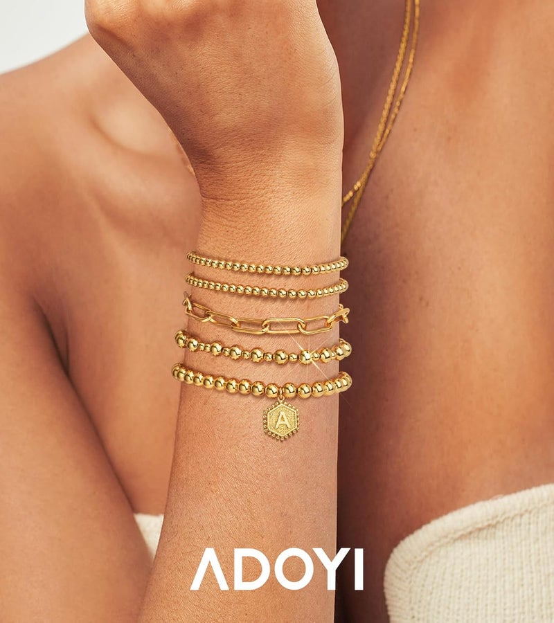 adoyi Gold Bracelets for Women Waterproof, 14K Gold Plated Beaded Strand Bead Ball Bracelets stack Adjustable Jewelry Set for Gifts - Image 3